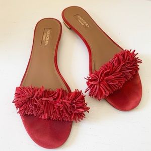 Aquazzura red suede wild thing fringe trimmed flat